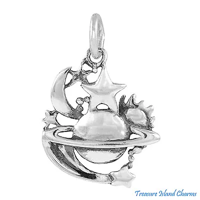 Universe Sun Moon Stars Saturn Galaxy Space Celestial 925 Sterling Silver Charm • $17.95