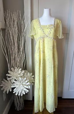 Vintage 70s Yellow Maxi Dress M Cape Flutter Sleeve Gown Handmade Pastel Floral • $46