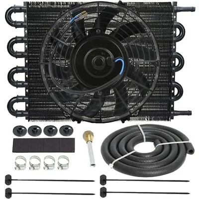 8 Pass Black Aluminum 3/8 Inch 6an Hose Transmission Oil Cooler Electric Fan Kit • $69.95