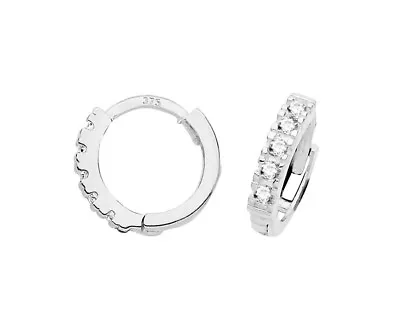 9ct White Gold CZ Small Hoop Huggie Hinged Earrings - Solid 9k Gold • £39.95