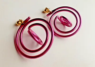 Vintage Big Purple Enamel Abstract Swirl Dangle Earrings Statement Twist Wire • $14.95