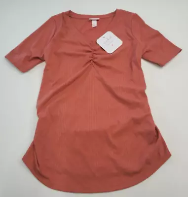 Isabel Maternity Solid  Red Ribbed Fabric Elbow V Neck T Shirt Size XS Cute  • $4