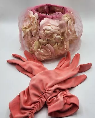 Vintage 50s 60s Women's Pillbox Style Hat Netting Floral Light Pink & Gloves  • $29.95