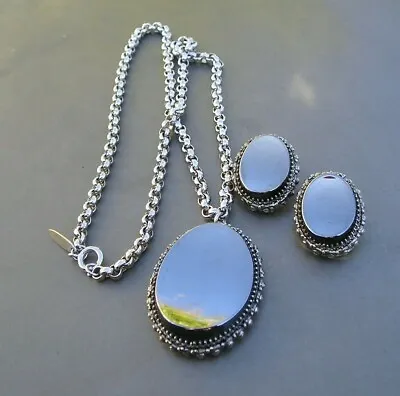Vintage Whiting & Davis Mirrored Gray Stone Necklace & Clip On Earrings Set  • $65