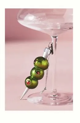 ANTHROPOLOGIE Three Olives Toothpick Ornament Green Glass Cocktail Martini NEW • $24.99