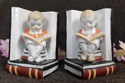 Vintage 2 Porcelain Childrens Bookends Boy Reading Siting On Books Made In Japan • £29.02