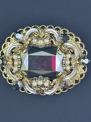 West Germany Vintage Filigree Gold Tone  Pearl & Black Brooch • $75