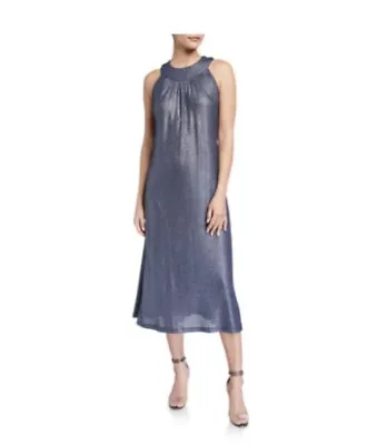 Melissa Masse Classic Bib Neck Midi Dress In Blue Lurex Sparkle Rib Jersey • $39.99