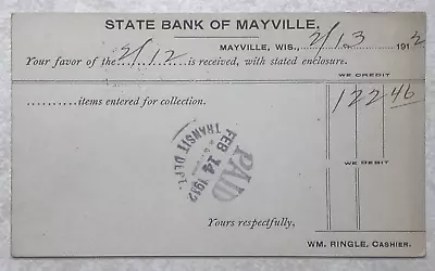 A2341 Postcard Postal Card State Bank Of Mayville WI Wisconsin 1912 • $5.99