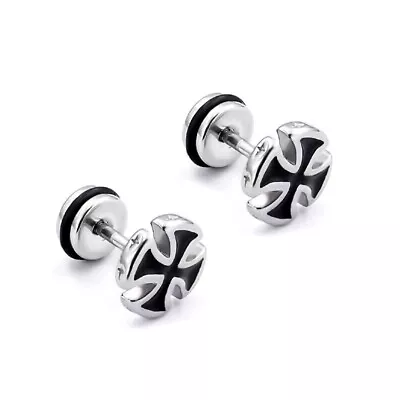 Mens Unisex Punk Gothic Rock Black Cross Stainless Steel Earrings Ear Stud 2Pcs • $11.89