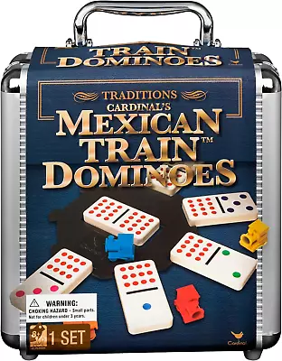 Mexican Train Dominoes Set Tile Board Game In Aluminum Carry Case Games With Col • $35.95