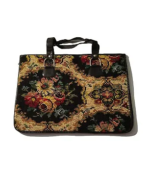 Vintage Needlepoint Tally-Ho Purse Bag Floral Grannycore Leather Handles Large • $199.99