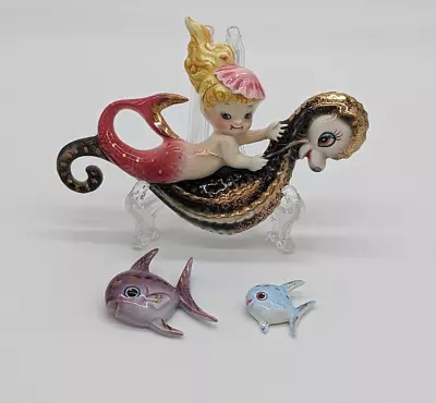 Vintage Lefton Mermaid Riding Seahorse Two Fish Purple Blue Wall Plaque Decor • $328.99