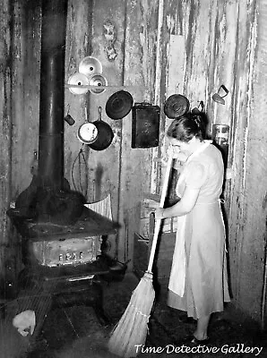 Woman Sweeping Kitchen With Handmade Broom - 1938 - Vintage Photo Print • $7.50