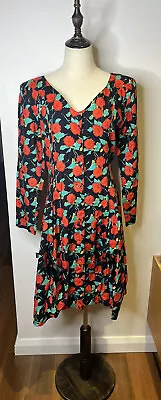 Vintage Indigo Midi Sun Dress Floral Long Sleeve Buttons Bows Size Medium 10-12 • $19.90