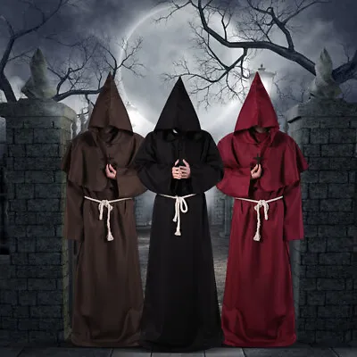 Adult Halloween Mens Monk Cosplay Robe Cloak Capes Friar Medieval Priest Costume • $35.99