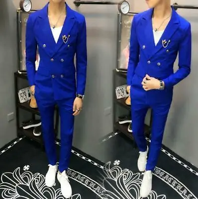 $89.27 • Buy 2pcs Suit Men's Double Breasted Blazer Coat Extra Slim Fit JacketsPants Korean