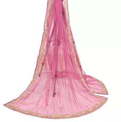 Sushila Vintage Pink Net Mesh Dupatta Hand Beaded Zardozi Floral Long Stole Wrap • $28.04