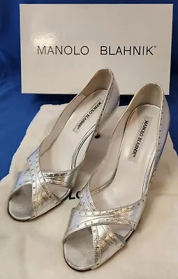 Manolo Blahnik Metallic Silver Nappa Argento Open Toe Heels Size 35 Gently Worn • $74.99