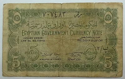 L. 1940 EGYPT 5 PIASTRES BANKNOTE Signed Kamel Sedky P 163 • $1.99