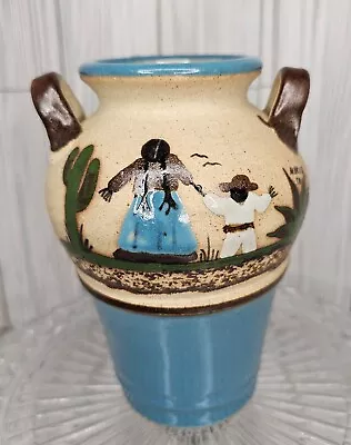 Vintage Tlaquepaque Mexican Pottery Vase Mother & Child Cactus Birds 7.5  • $21.25