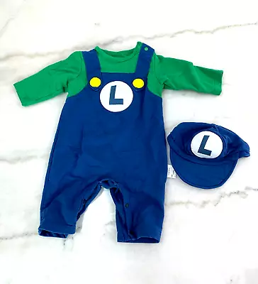 Baby Cosplay Super Mario Bros Costume Hat Luigi Long Sleeve Snap Up Romper 3-6M • $9