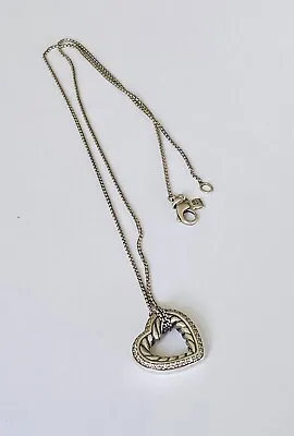 David Yurman Sterling Silver Diamond Pave Cable Heart Pendant Chain Necklace 18” • $329.99