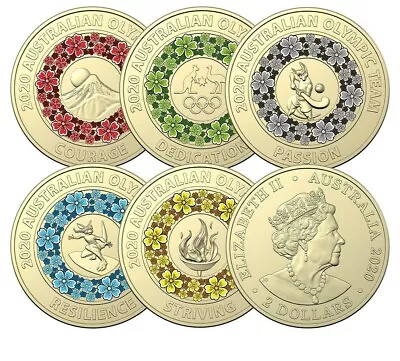 2020 $2 Tokyo Olympic Team Set 5pc Australian Two Dollar Coloured Coin Rare Circ • $24.95