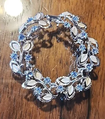 Sarah Coventry 6” Blue Rhinestone Silver Tone White ENAMEL Bracelet • $49.99