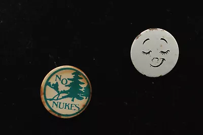 Vintage 2 Pcs Mini Pin-back Buttons No Nukes Anti-atlantic Power & Smiley Face • $18.40