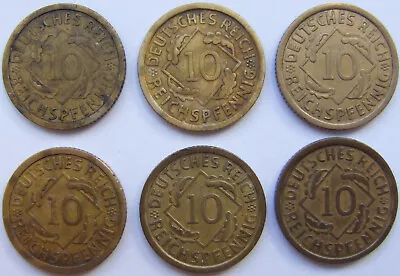 Coin Weimar Republic 10 Reichspfennig 1936 ADEFGJ Complete In Very Nice • £45.23