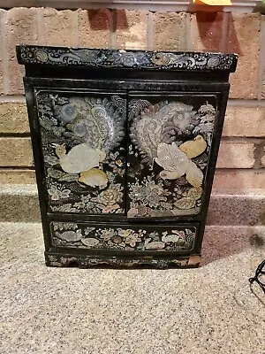 Vintage Asian Oriental Black Lacquer Mother Pearl Jewelry Box Chest Cabinet  • $150