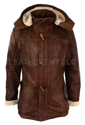 Mens 3/4 Long Safari Classic Detachable Genuine Leather Duffle Hooded Coat • $134.99