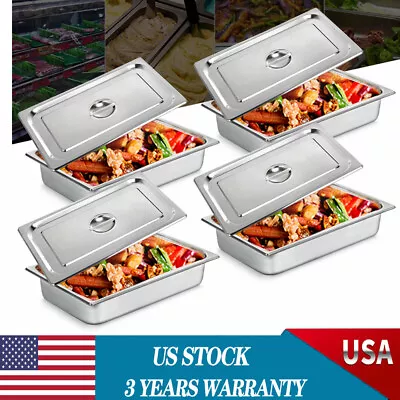 4 Inch Deep Full Size Steam Table Pans W/ Lids 4 Pack Set Fits Hotel Food Buffet • $51.30
