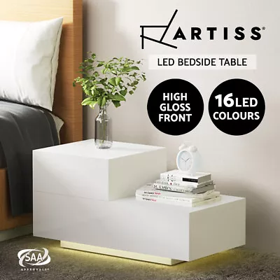 Artiss Bedside Tables Drawers Side Table RGB LED Gloss Nightstand White REMI • $82.95