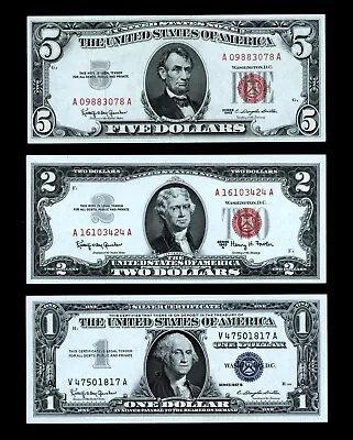 1963 $5 Red Seal - 1963a $2 - 1957 B Silver Certificate - 3 Uncirculated Notes ! • $94