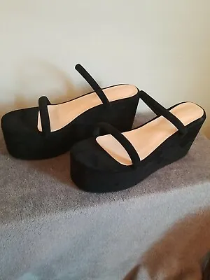 NEW Black Suede Frankenstein Platform Wedge 2 Strap Sandals Women's Size 11 • $16.50