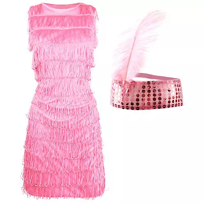 Pink Flapper Dress 1920's Ladies Fancy Dress Costume Fringing Gatsby Charleston • £15.99