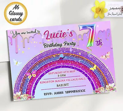 Personalised Pink Purple Rainbow Birthday Party Invitations Girls Glitter Invite • £3.99