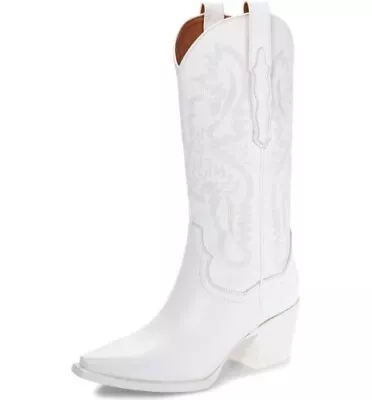 Jeffrey Campbell Dagget White Combo Pull On Block Heel Pointed Toe Western Boots • $89.96