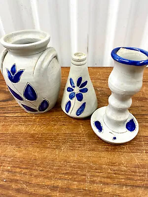 Williamsburg Pottery Virginia Stoneware Salt Glaze Cobalt Blue Vase Candle Stick • $54.99