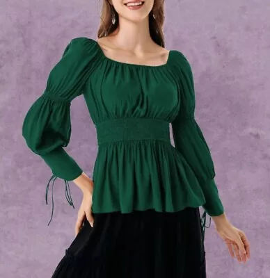 New Medieval Gothic Gypsy Green Flared Sleeve Smocked Blouse Size 2XL 18 20 22 • $44.20