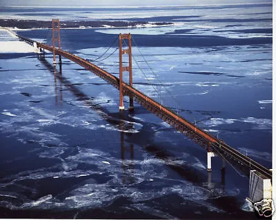 The New Mackinac Bridge Color Aerial Photograph 1957 Over Ice Michigan MUST SEE • $9.99