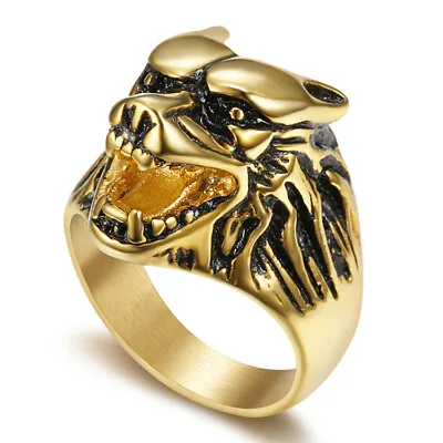 $10.74 • Buy Gold Plated Wolf Dog Head Stainless Steel Men's Craft Ring M49