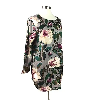 Zaful Size 4 Taupe Brown Floral Tunic Dress Pockets Roll Tab Sleeves NEW • $9.99