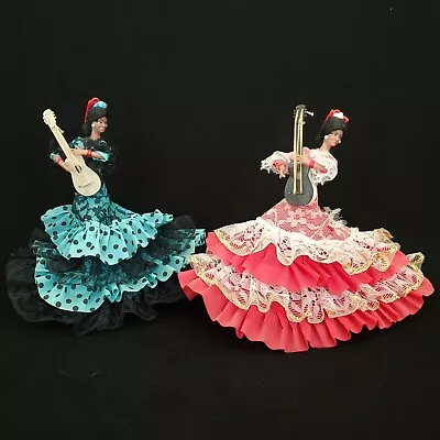 Pair Of Vintage Marin Chiclana Spanish Flamenco Dancer Dolls W/Guitars 7.5  & 8” • $29