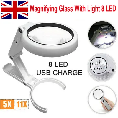 5/11x Magnifying Glass With Light 8 LED Magnifier Foldable Stand Desk Reading UK • £9.19