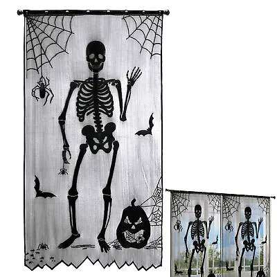 Skull Bats Halloween Window Curtain Lace Door Panel Indoor Decor 40x84 Inch • $19.06