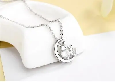 Cat Moon Silver White Gold Kitten Rabbit Pave CZ Pendant Chain Necklace • $9.99