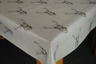 WipeClean Tablecloth Oilcloth Vinyl PVC Highland Stag Head Grey 140cm  Wide • £7.99